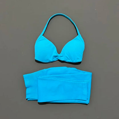 2 Piece Sports Set Women Yoga Backless Halter Bra High Waist Scrunch Seamless Pants Sport Suit Gym Sportswear Workout Set