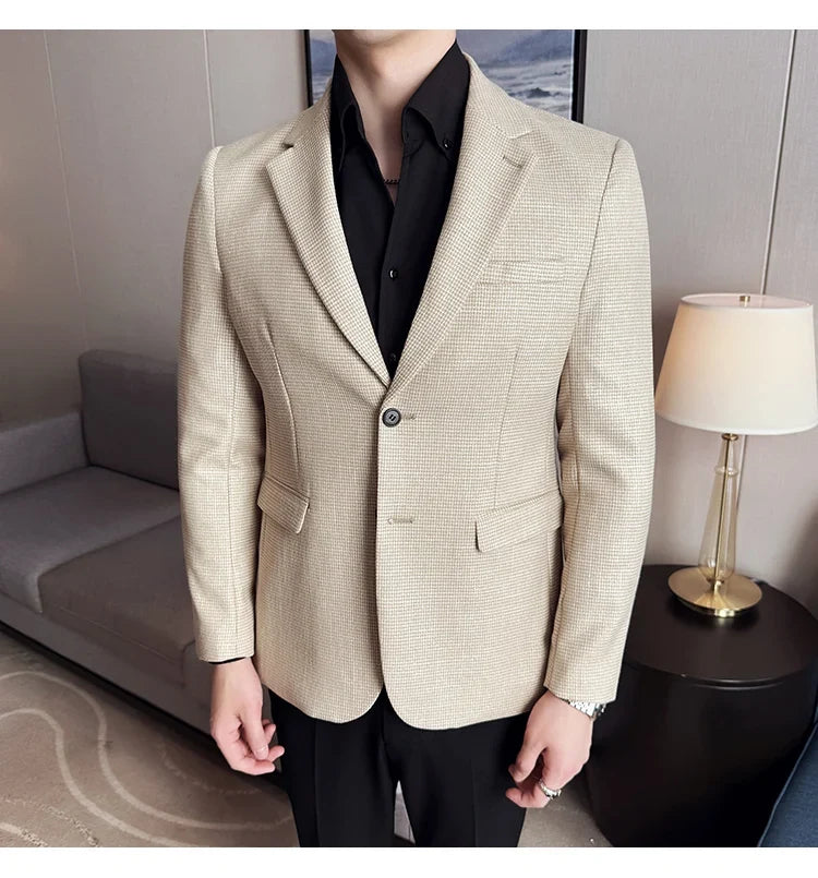 Bright Silk Thousand Bird Grid Suit Jacket Korean-style Business Fashion Slim Fit Single Breasted Men Social Party Dress Coats