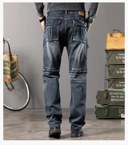 Autumn and winter new styles Men's Outdoor Wide Leg Workwear Multi-Pocket Jeans Straight fit plus size men's jeans  42 44