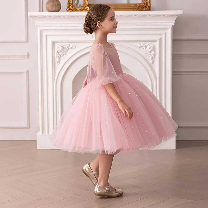 Summer New Girl 4-8Y Seven Sleeve Puff Skirt Dreamy Children's Dress Birthday Party Flower Girl Princess Dress