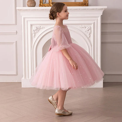 Summer New Girl 4-8Y Seven Sleeve Puff Skirt Dreamy Children's Dress Birthday Party Flower Girl Princess Dress