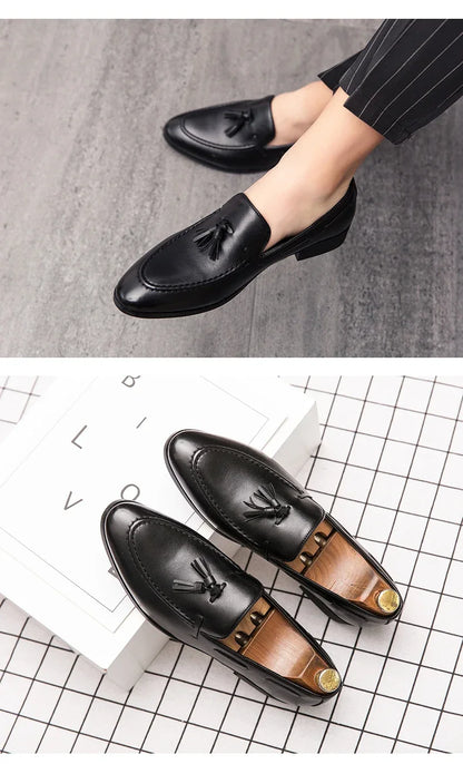 2025 New Men Leather Shoes Pointed Toe Formal Dress Shoes Slip On Men Loafer Tassel Shoe Zapatos Hombre
