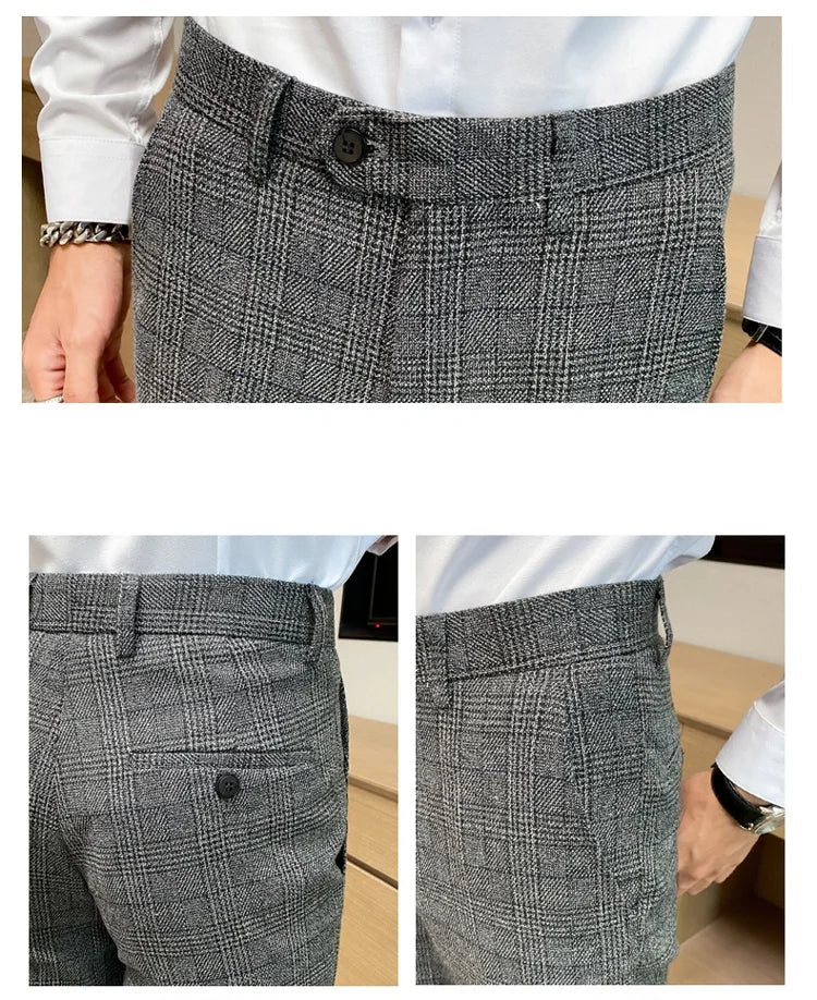 Boutique Classic Plaid and Striped Fashion Men's Casual Business Slim Suit Pants Groom Wedding Dress Trousers Party