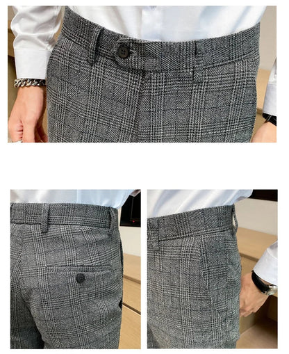 Boutique Classic Plaid and Striped Fashion Men's Casual Business Slim Suit Pants Groom Wedding Dress Trousers Party