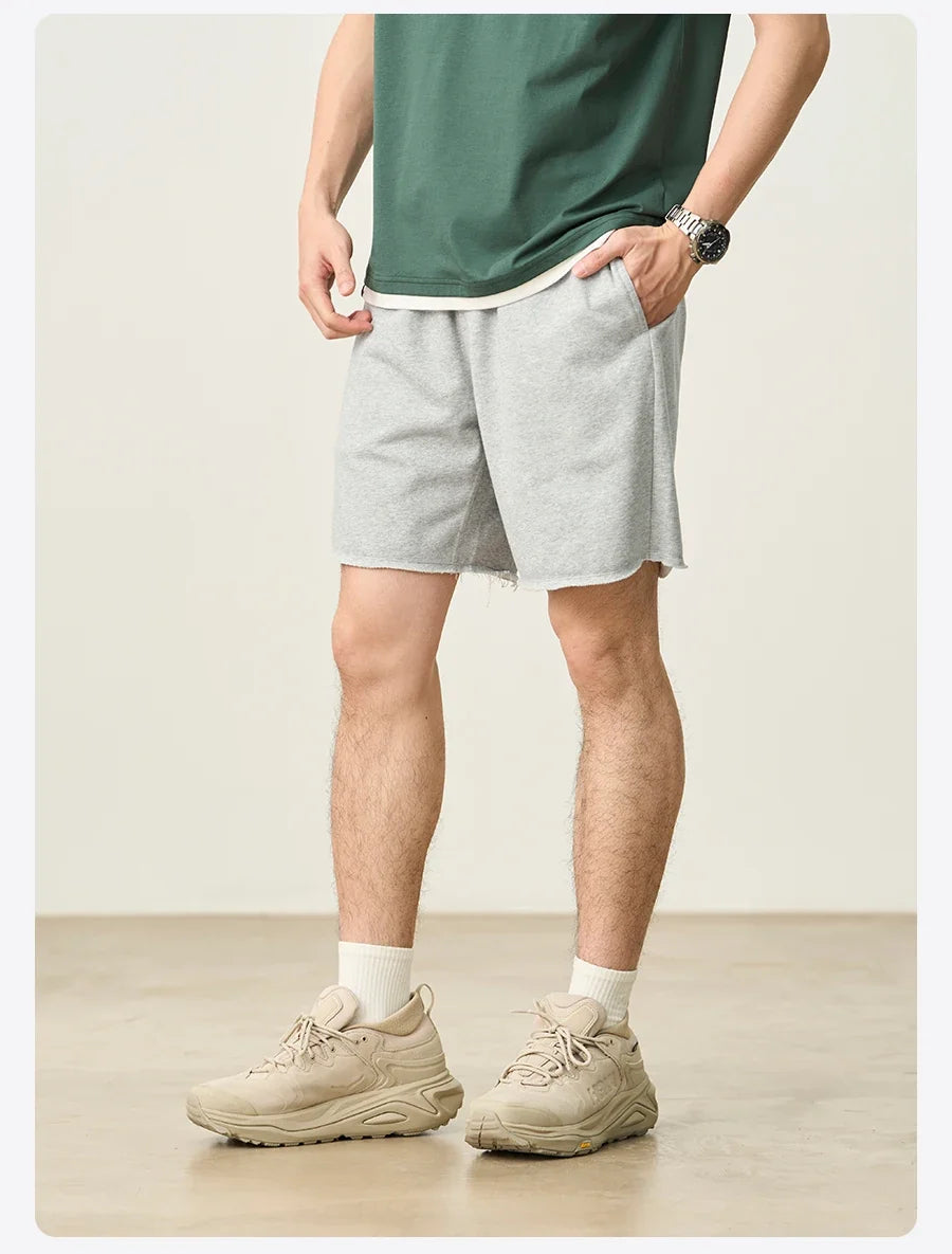 2025 Summer New Oversize 390gsm Drawstring Shorts Men  Raw  Hem Athletic Sports Runinng Shorts