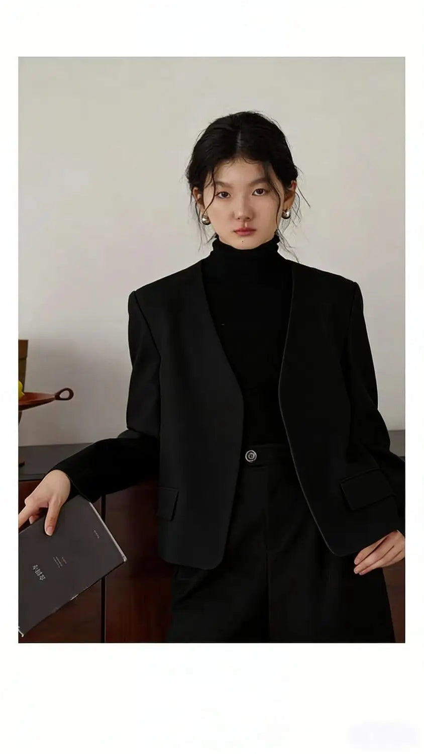 Womens Gray Collarless Blazer Cropped Open Front Suit Jacket Casual Office Outerwear