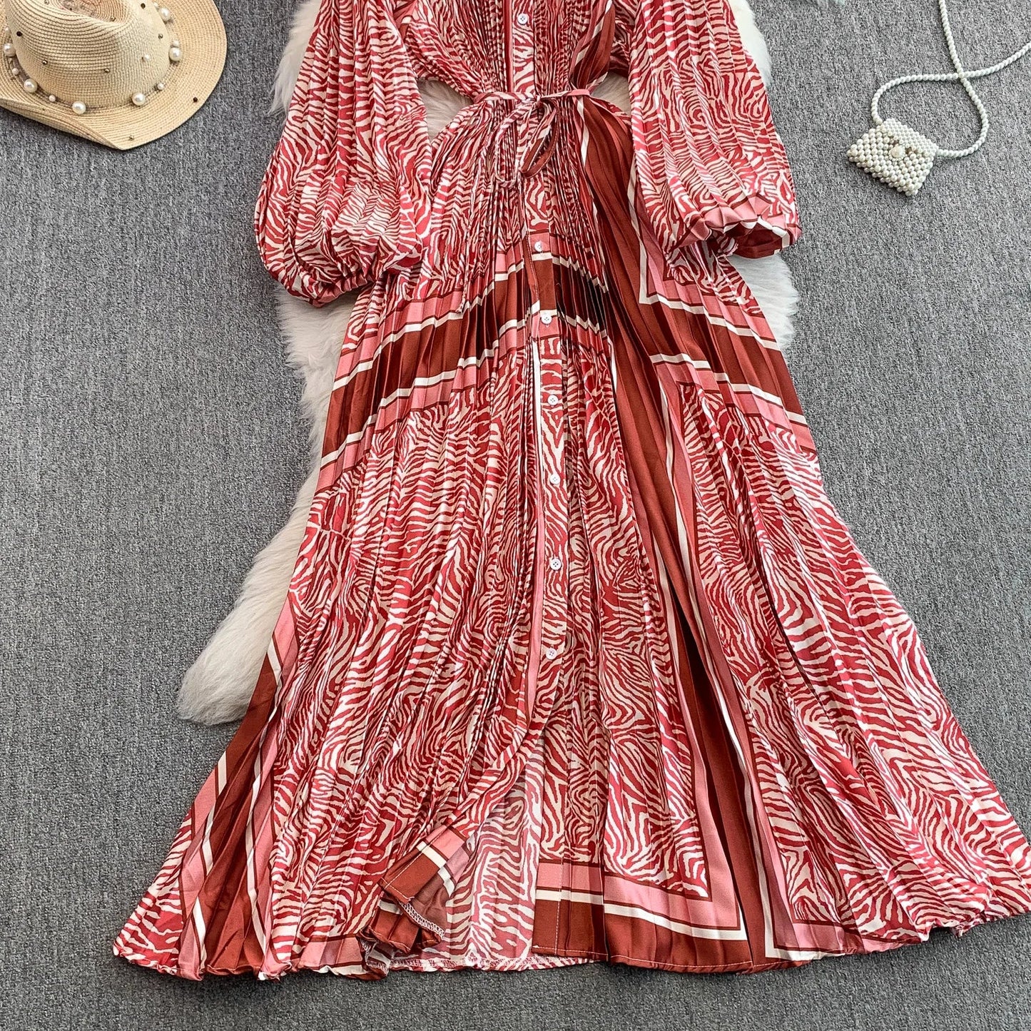 Ele Printed round Ne Lantern Sve Dr Women's Single Button Waist Cinch Maxi Skirt Long Dr Commute Sle Autumn