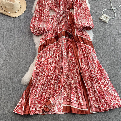 Ele Printed round Ne Lantern Sve Dr Women's Single Button Waist Cinch Maxi Skirt Long Dr Commute Sle Autumn