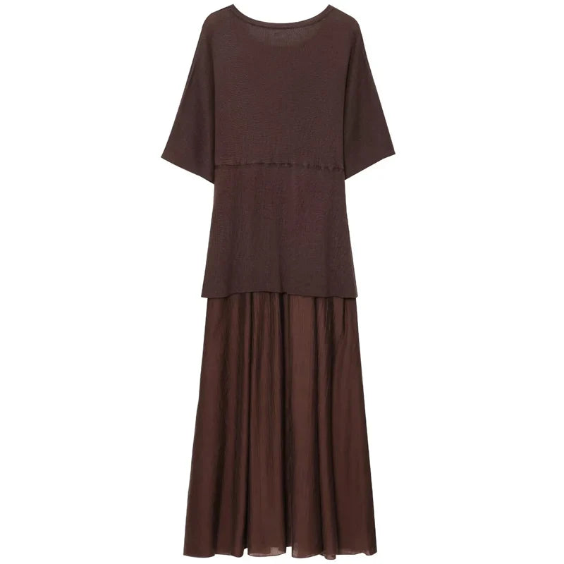 Womens Dresses Brown Pleated Dress Summer 2025 Elegant Knitted Short Sleeve Vestidos Chic Patchwork O-Neck Vacation Dresses