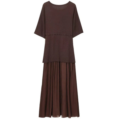Womens Dresses Brown Pleated Dress Summer 2025 Elegant Knitted Short Sleeve Vestidos Chic Patchwork O-Neck Vacation Dresses