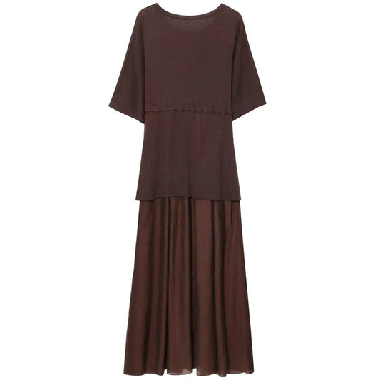Womens Dresses Brown Pleated Dress Summer 2025 Elegant Knitted Short Sleeve Vestidos Chic Patchwork O-Neck Vacation Dresses