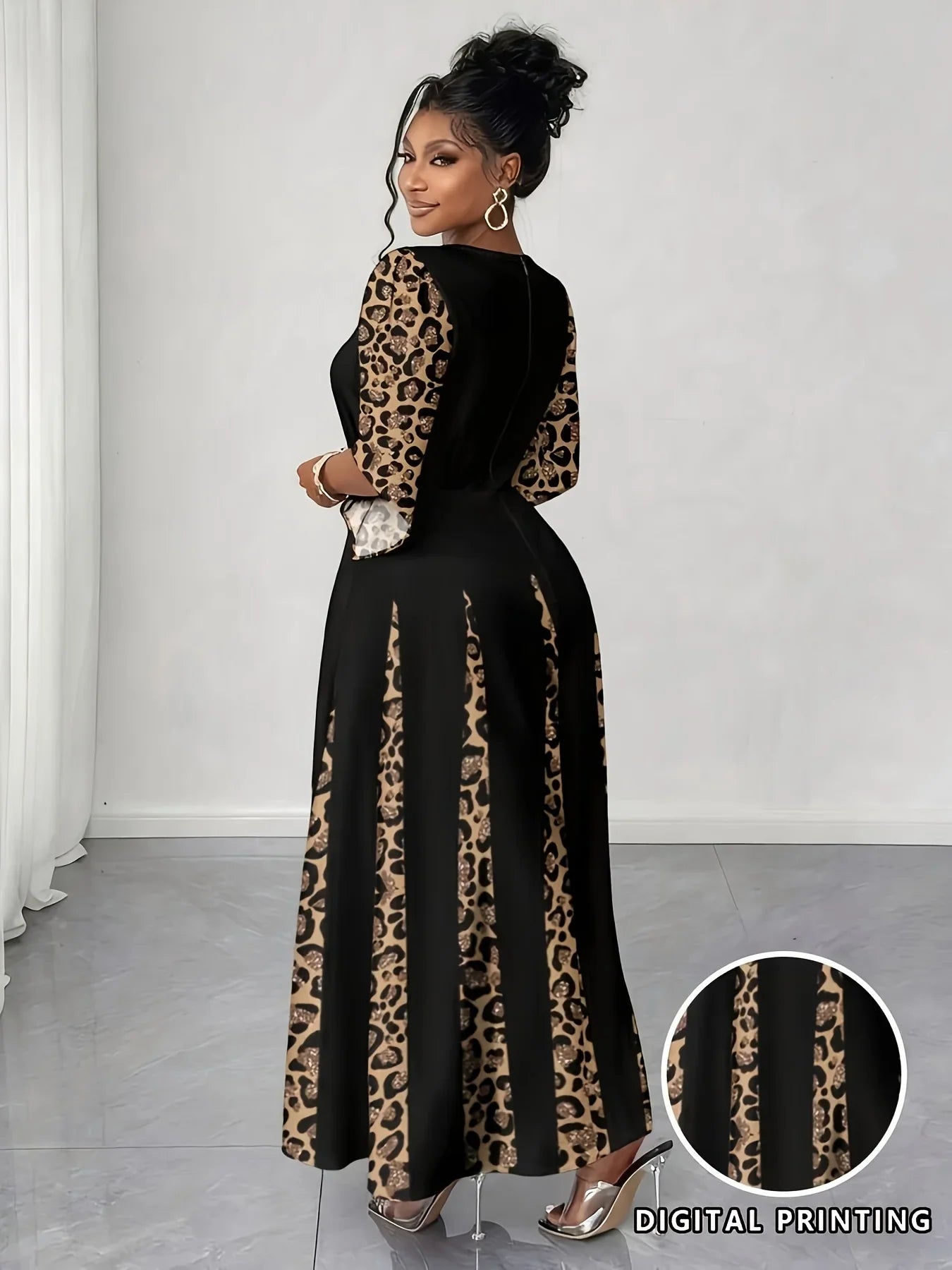 Elegant Leopard Print Maxi Dress, Plus Size Fashionable Long Sleeve Gown, Comfortable & Stylish Women's Clothing