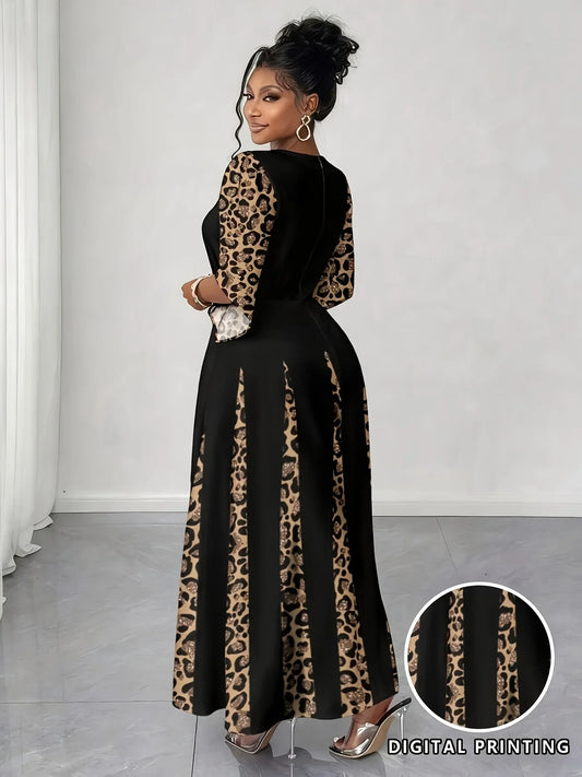 Elegant Leopard Print Maxi Dress, Plus Size Fashionable Long Sleeve Gown, Comfortable & Stylish Women's Clothing