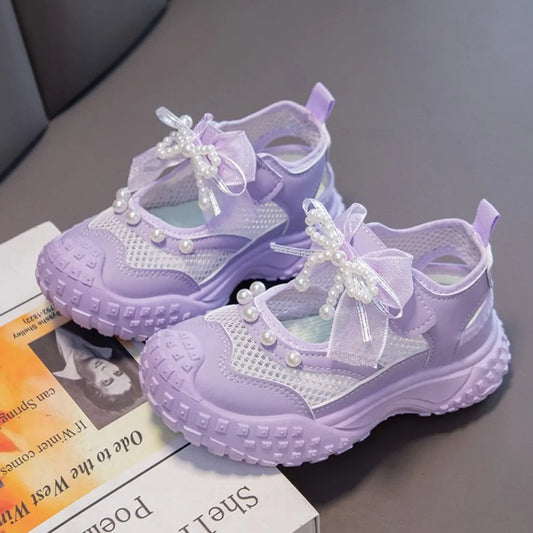 Girls Sports Sandals Sweet Lace Bows Beading Kids Casual Shoes Mesh Breathable Soft 2026 Summer New Children Princess Sandals