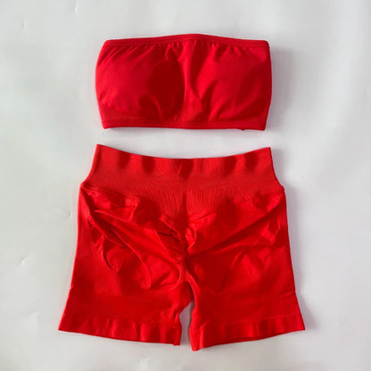 2 Pieces Yoga Set Women Backless Bandeau Sports Bra Scrunch Shorts Yoga Clothing Workout Clothes Outfits Sets Gym Set