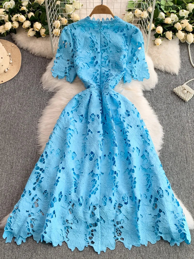 Ele Summer Lace round Ne Dr Women's High Waist Slimming Long Skirt Korean Sle Commute High Softn Regular Sve
