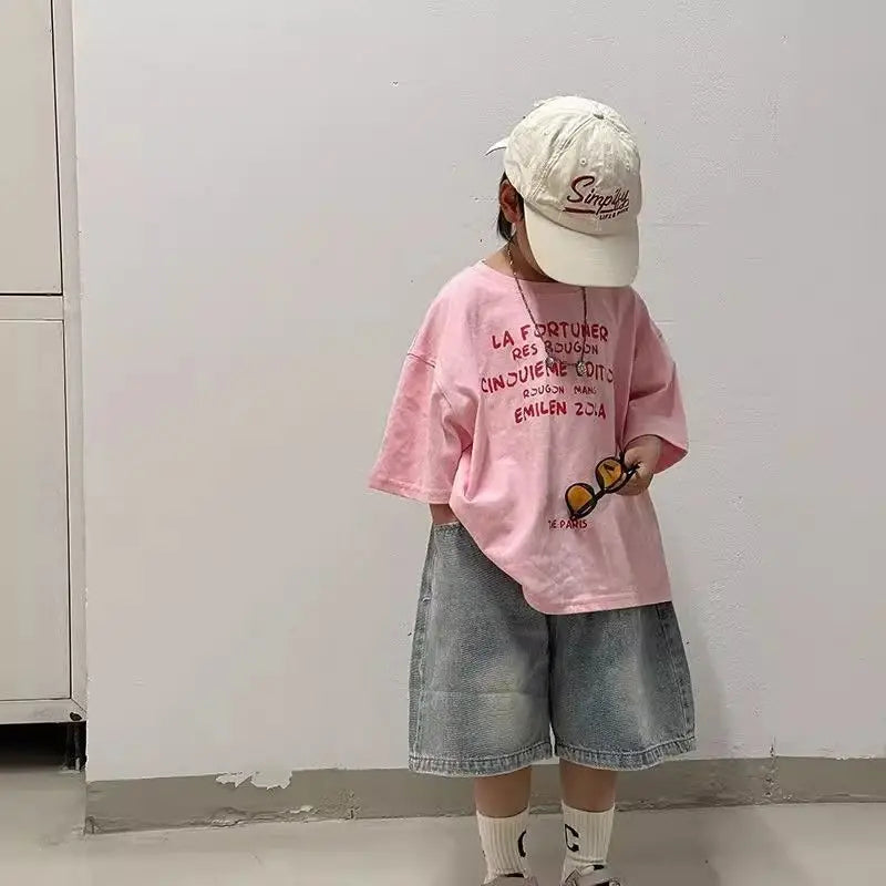 2026 New Original Design Boys' Pink Short Sleeved T-Shirt Summer Trendy Versatile Kids Half Sleeve T-Shirt