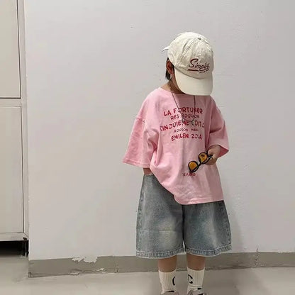 2026 New Original Design Boys' Pink Short Sleeved T-Shirt Summer Trendy Versatile Kids Half Sleeve T-Shirt
