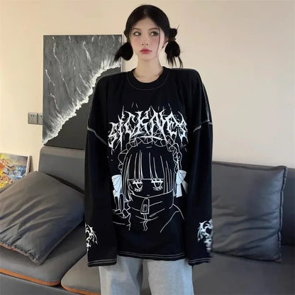 Harajuku Kawaii T-Shirt Women Sweet Japanese Gothic Subculture Loose Letter School Student Tees Long Sleeve Top Spring Outwear