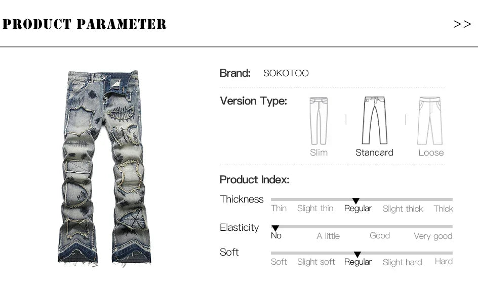 Men's Boot Cut Jeans Streetwear Patches Released Hem Pants Vintage Blue Embroidery Patchwork Flared Trousers
