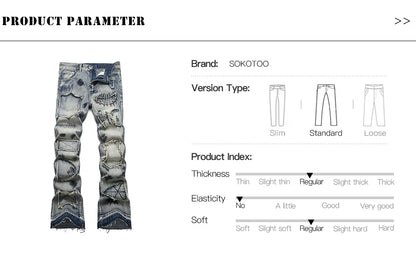 Men's Boot Cut Jeans Streetwear Patches Released Hem Pants Vintage Blue Embroidery Patchwork Flared Trousers