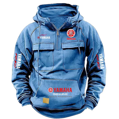 2026 New YAMAHA logo  Motorcycle Racing Race Retro Velvet Half Zipper Hoodie Men's Multi Pocket Autumn/Winter Casual Sweatshirt
