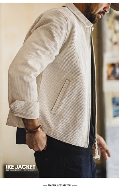 Men's Vintage White Jacket Heavyweight Cotton Turn-Down Collar Zip-Up Short Outwear Canvas Fitted Fit Spring Autumn Coat