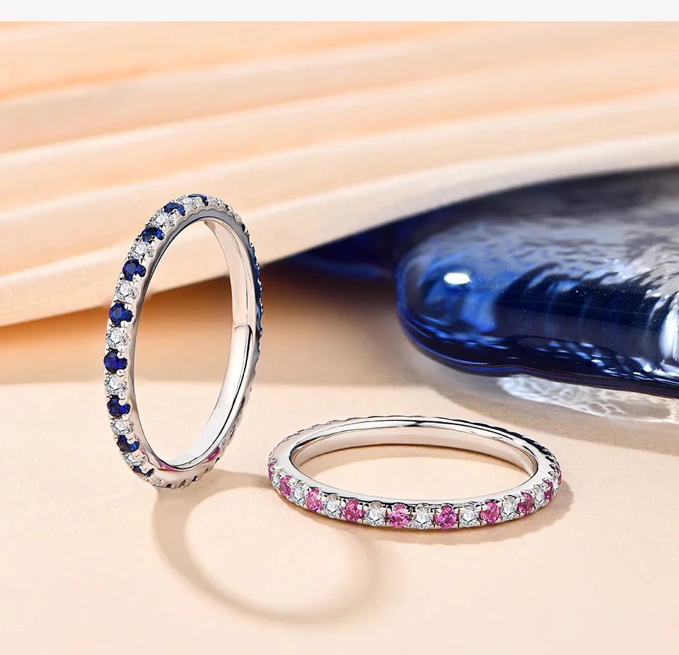 Bague Moissanite Ronde ATTAGEMS 2023 Véritable Argent S925 Bagues Empilables pour Femmes Saphir Rose et Bleu Alliance Fine