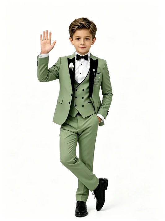 New Green Boys Suits 4 Pieces For Birthday Party Handsome Velvet Collar Kids Slim Fit Suit Set Wedding Ring Bearer Outfit 3-14T