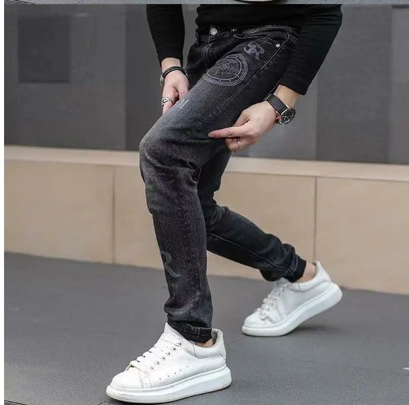 High End Stylish Classic Distinctive Printed Black Stretch Denim Jeans for Men High Quality Slim Fit Stretch Luxury Denim Pants