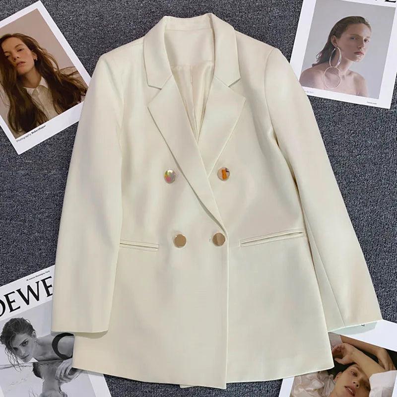 Casual Small Suit Jacket Women Fashion Loose Metal Double-Breasted Blazer Coat Korean Occupation Office Formal Lapel Blazers
