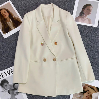Casual Small Suit Jacket Women Fashion Loose Metal Double-Breasted Blazer Coat Korean Occupation Office Formal Lapel Blazers