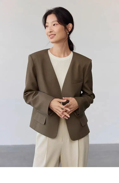 Womens Gray Collarless Blazer Cropped Open Front Suit Jacket Casual Office Outerwear