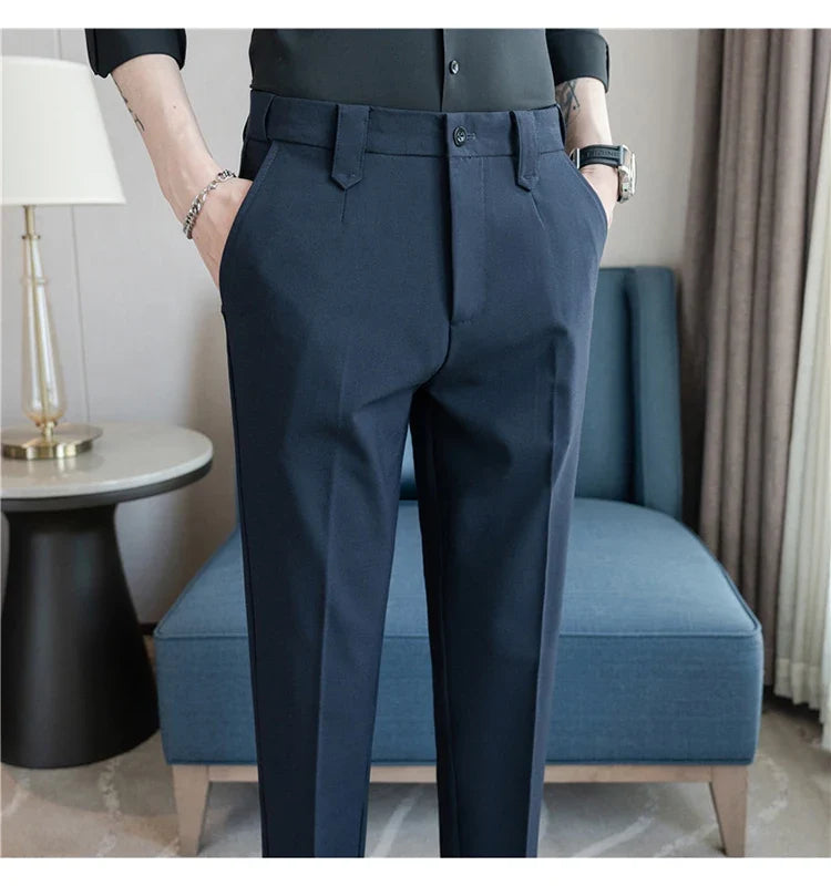 Elastic Waist Solid Color Suit Pants Men Formal Slim Fit Business Casual Trouser High Quality Social Wedding Fashion Dress Pant