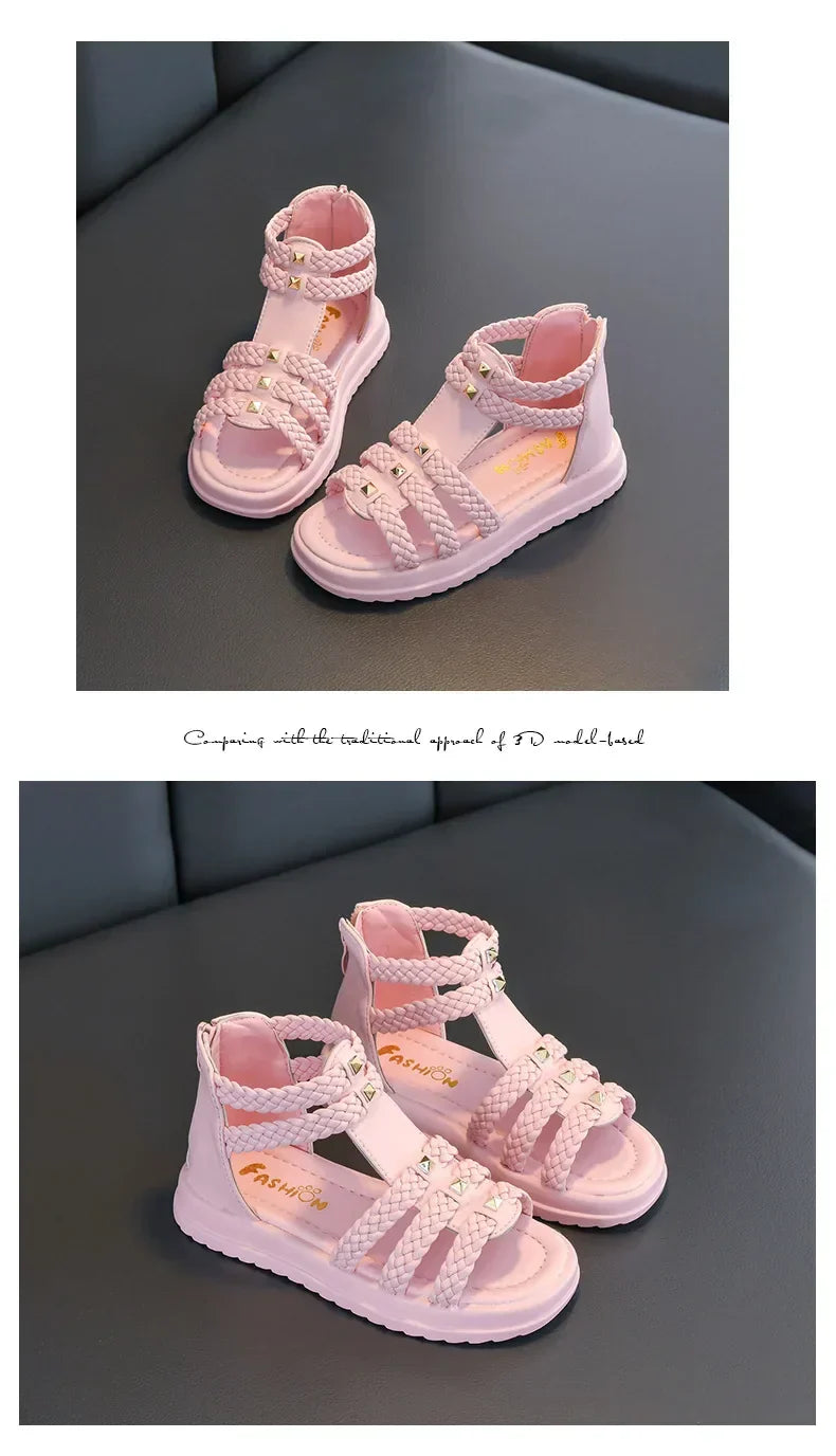 Girls Roman Sandals Open Toe Braided Solid Color High-top Simple Rivets New Summer Hollow Flat Casual Shoes Kids Fashion Casual