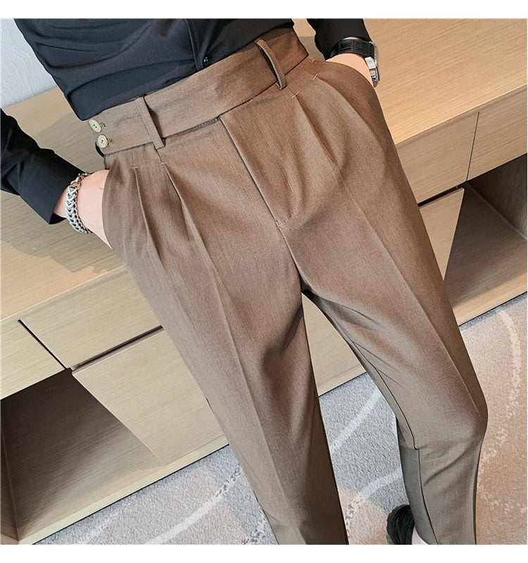 British Style Twill Pleat Design Naples High Waist Casual Trousers Fashion Man Slim Simple Social Party Suit Pant Plus Size 38