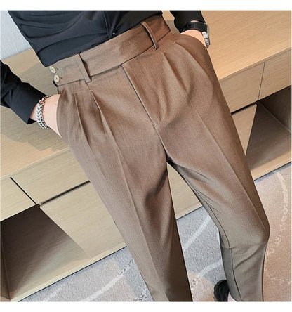 British Style Twill Pleat Design Naples High Waist Casual Trousers Fashion Man Slim Simple Social Party Suit Pant Plus Size 38