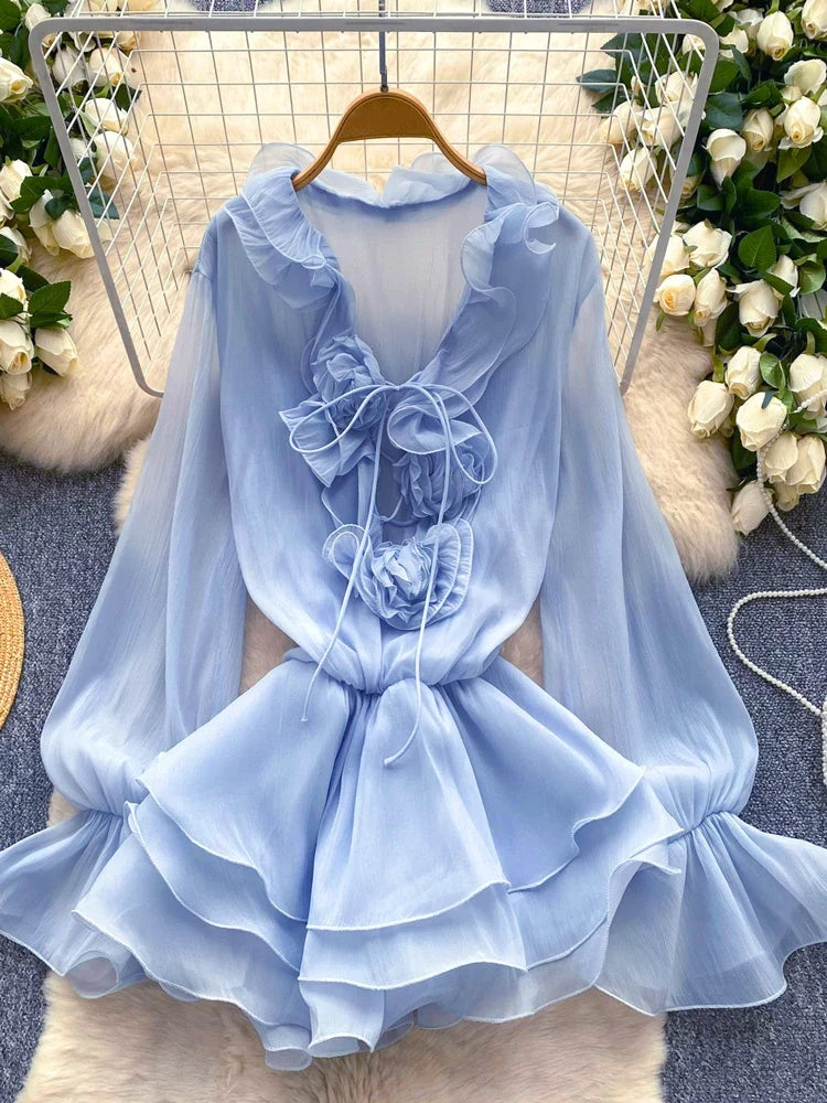3D Floral Beach Short Dress Female Long Sleeves Lace Up Ruffle Chiffon Cake Sundress Sheer Sexy Vintage Bohemian Dress
