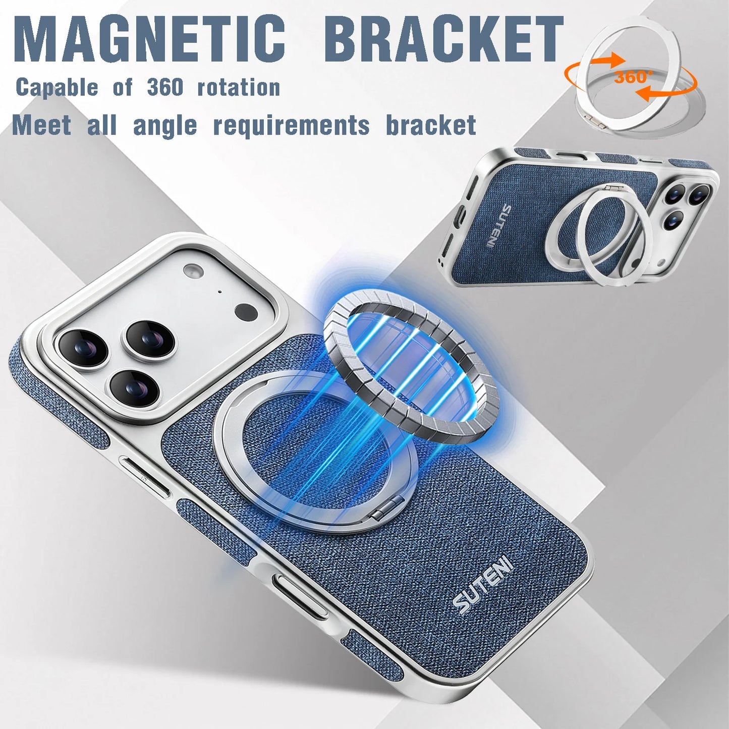 Faux Leather Magnet Wireless Charging Phone Case 360° Rotating Stand Ring Buckle Frosted Feel For iPhone 17 Pro Max 16 15