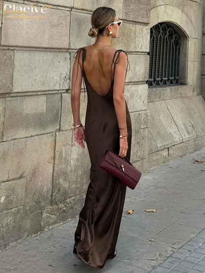 Fashion Loose Brown Satin Womens Dresses 2025 Summer Strap Sleeveless Floor Length Dress Sexy Backless Female Dress