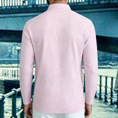 Men Mandarin Collar Long Sleeve Henley Cotton Linen Shirt Chest Pocket Breathable Beach Travel Daily Casual V Neck Top
