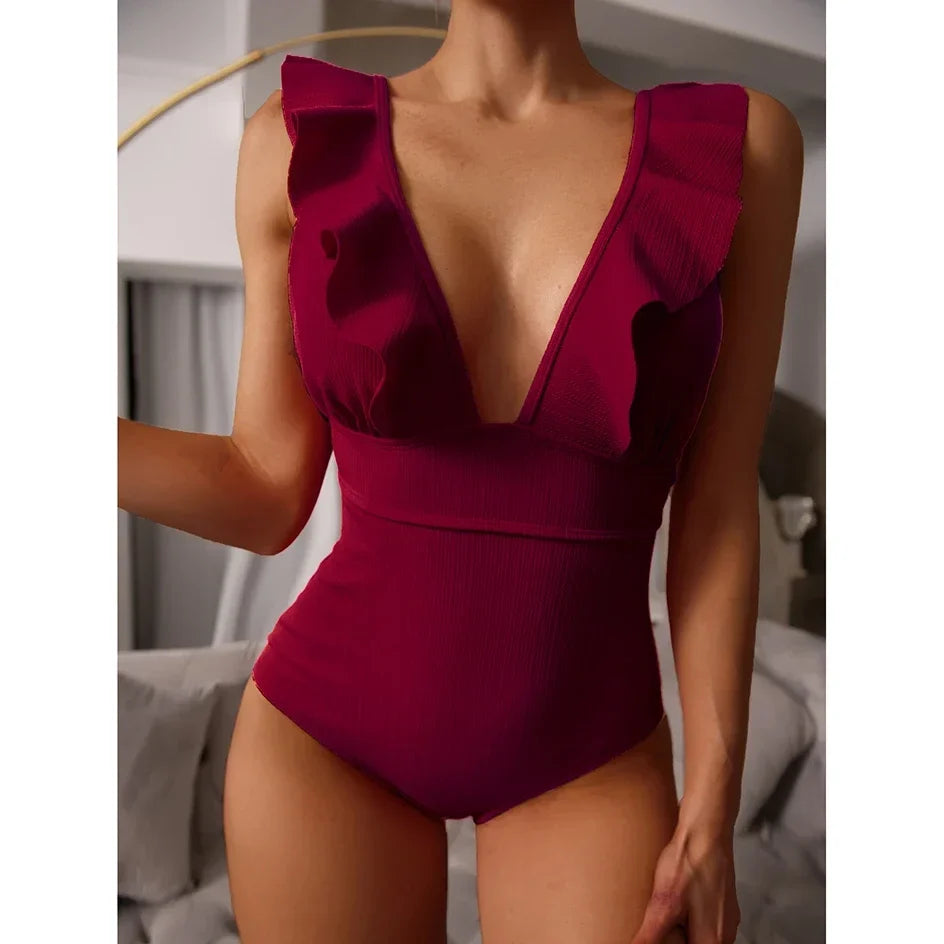Sexy Ruffle Swimwear Women`s 2025 Deep V One Piece Swimsuit Female Bathing Suit Woman Bodysuit Swimming for Beach Wear Monokini