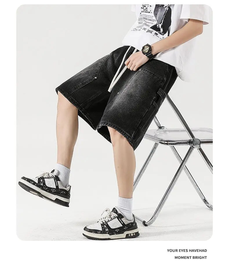 Men's Baggy Cargo Shorts Summer New Fashion Drawstring Straight Casual Jeans Streetwear Pocket Splicing Male Short Pants