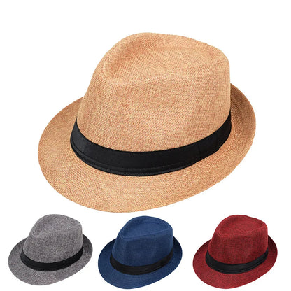 Jazz Hat British Style Linen Solid Color Hat for Men and Women Rolled Brim Couple Style Sun Hat Paper Straw Hat