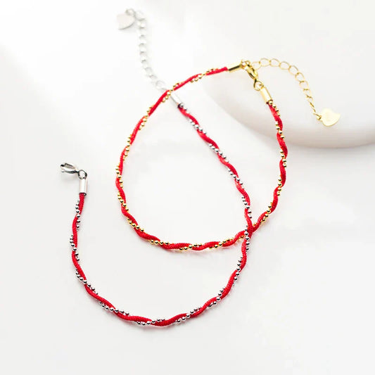 Bracelet Perles Cordon Rouge pour Femmes Mode Pur Argent Sterling 925 Réglable Chaîne Maillons Géométriques Bracelet Bijoux Fins