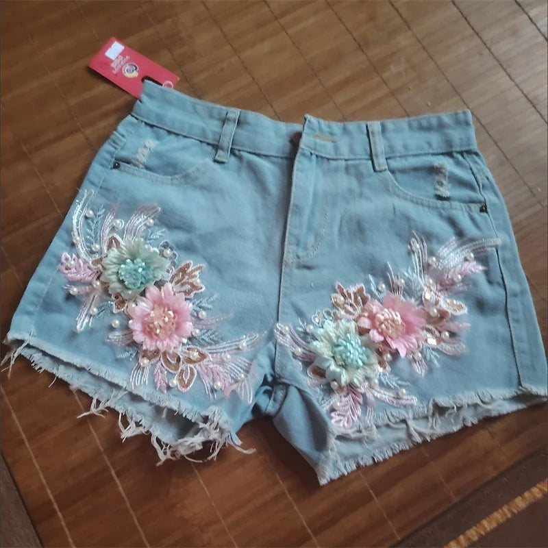 Korean Fashion Women Summer Denim Shorts Heavy Industry Nail Bead Studded Diamond New Flower Ripped Jeans Shorts