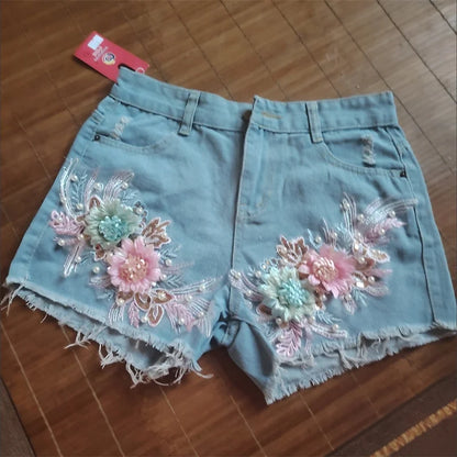 Korean Fashion Women Summer Denim Shorts Heavy Industry Nail Bead Studded Diamond New Flower Ripped Jeans Shorts