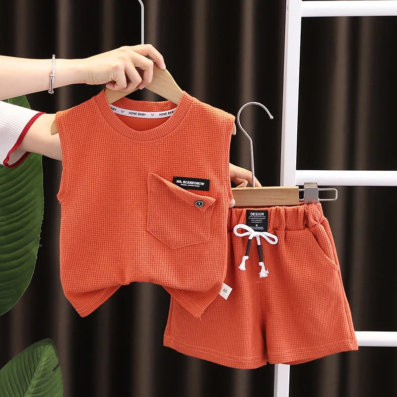 Korean Children Summer Sets Girl Boy Sleeveless Vest Shorts Suit Child Clothing Fashion Outfits Kids Costume