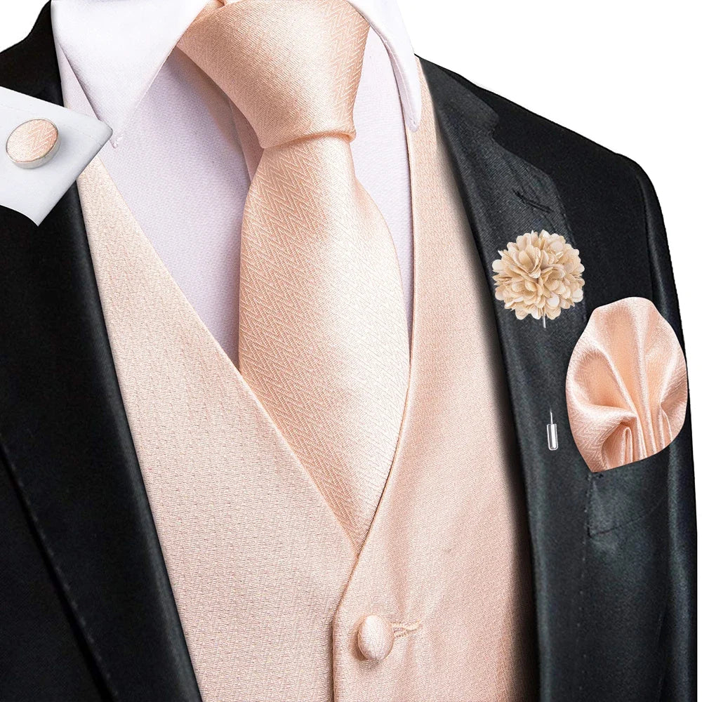 Luxury Gold Black Mens Vests Print Jacquard Waistcoat Tie Hanky Cufflinks Brooch Set for Men Wedding Formal Business Hi-Tie