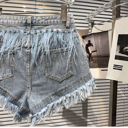 Summer Street Hot Girls Short Jeans Female Chic Feather Diamond Denim Shorts Women Retro Washed Hot Pants Sexy Night Club Shorts
